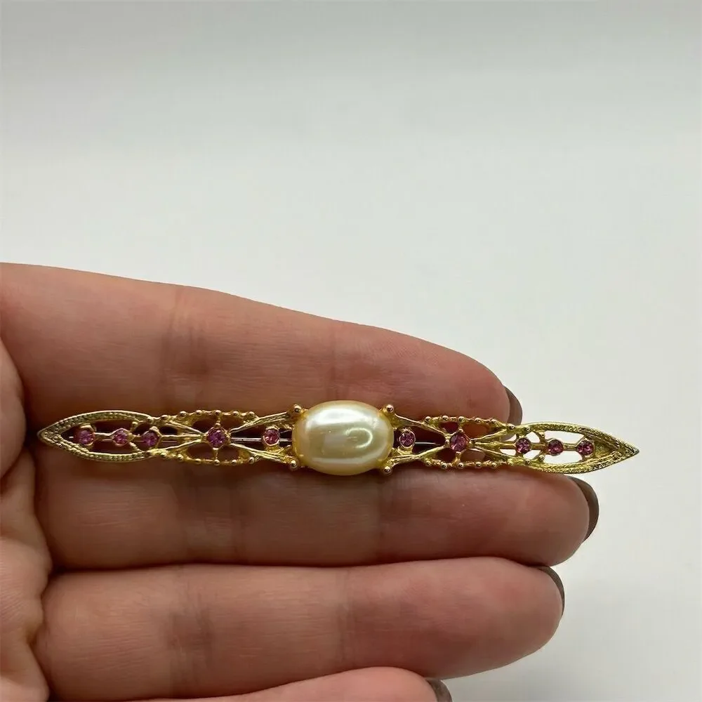 Vintage Long Gold Tone Bar Brooch with Cabochon Faux Pearl & Pink Rhinestones